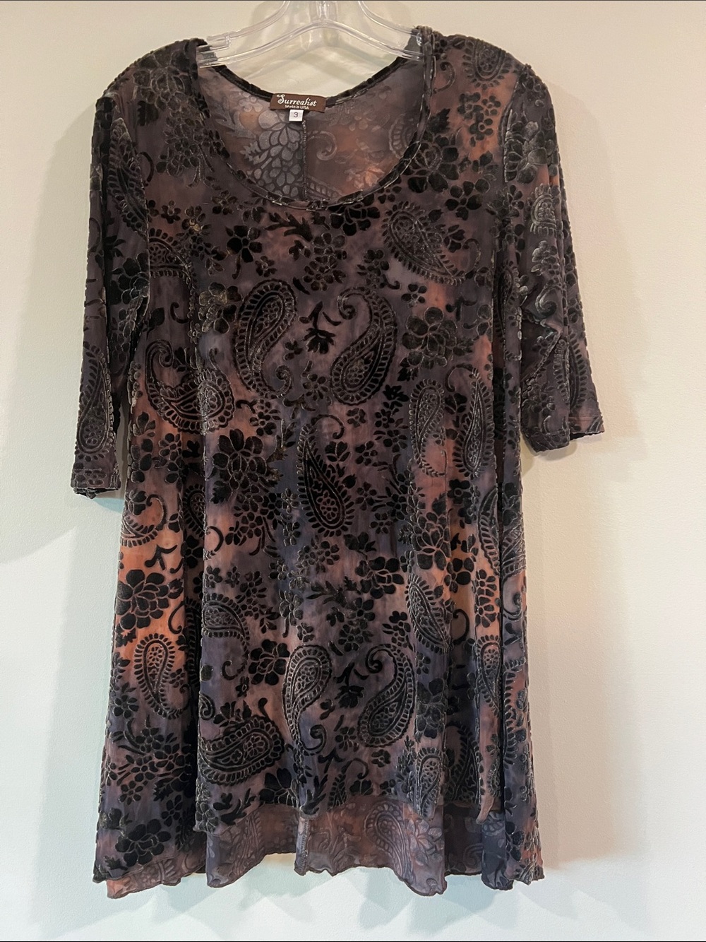 Surrealist - size 3, large, Burnout Velvet Paisley Tunic - Black and Rust